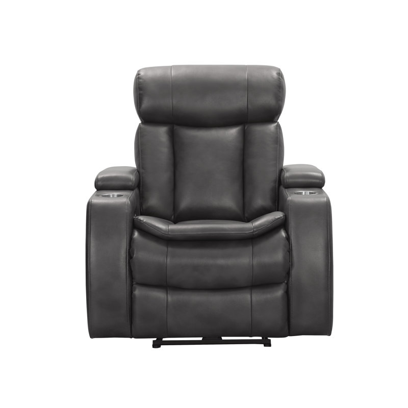 Asahd Leather Power Reclining Home Theater Seat with Cup Holder, Gray Genuine Leather
