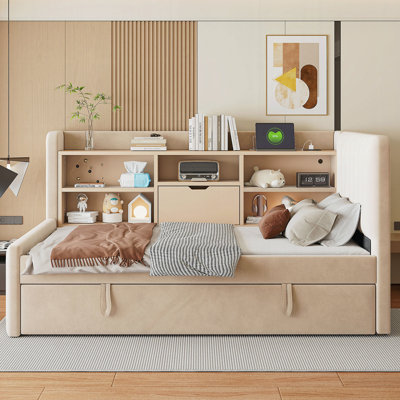 Upholstered Daybed with Trundle, Storage Shelves