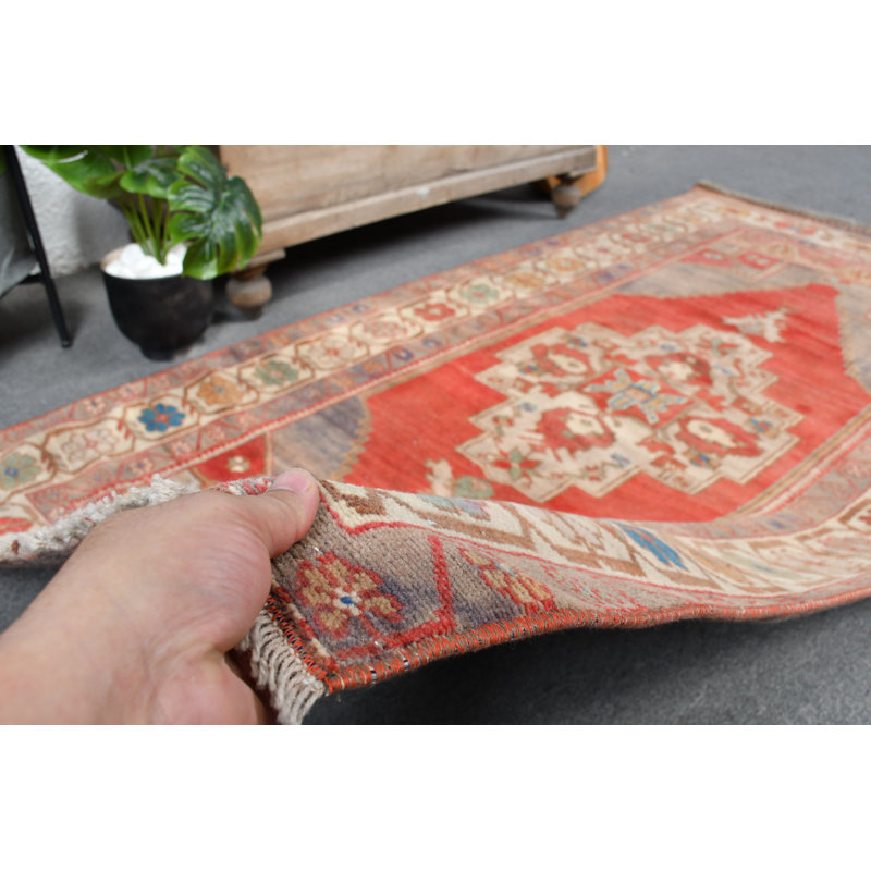 Tapis traditionnel turc traditionnel en laine rouge d'Anatolie idéal pour la cuisine et la décoration rétro rouge / beige