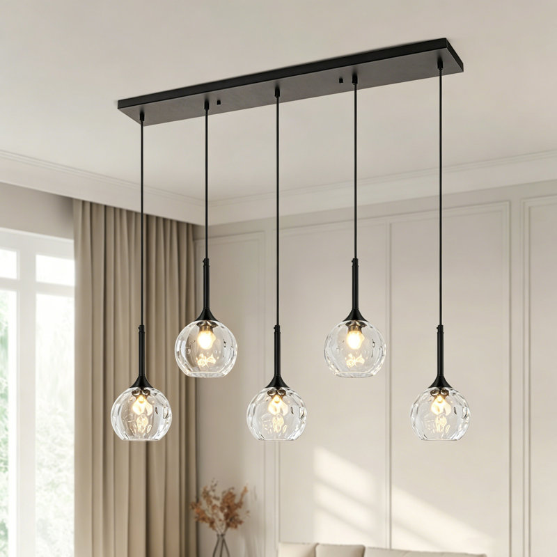 Luminaire suspendu pour îlot de cuisine 5 lumières avec globe en verre martelé