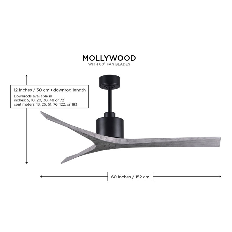 Mollywood - 42" Ceiling Fan - Textured Bronze Finish - Matte Black Blades, Textured Bronze, Walnut, 60"