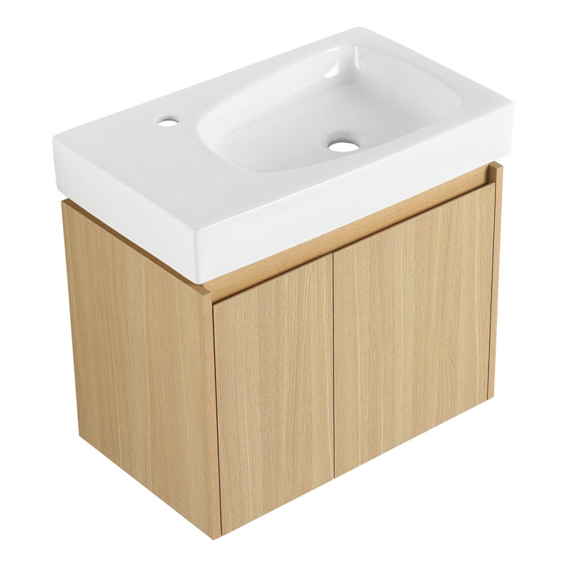 Meuble-lavabo 24 po avec lavabo en céramique, meuble-lavabo mural flottant, rangement en bois à double porte, évier élégant en chêne avec rangement pour salle de bain, pratique