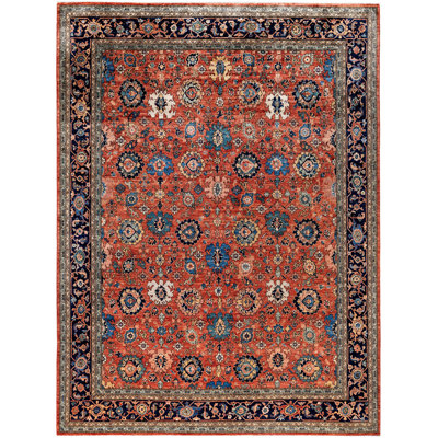 Tapis unique noué à la main rouge Raffin de 9 pi 0 po x 12 pi 0 po Raffin