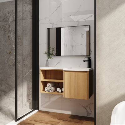 Corner Floating Vanity with Soft-Close Door and Open Shelves
