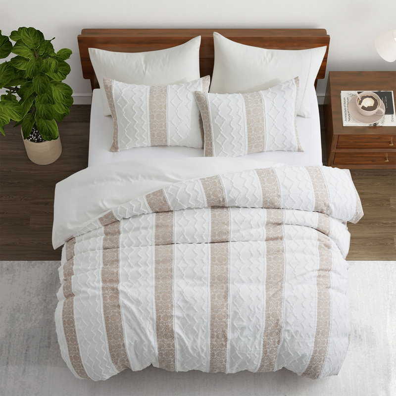Ensemble de housse de couette texturée Boho, ensemble de literie à rayures géométriques légères 3 pièces avec fermeture à glissière et attaches de coin, ensemble de lit bohème chic en microfibre douce, comprend 2 taies décoratives (beige / blanc)