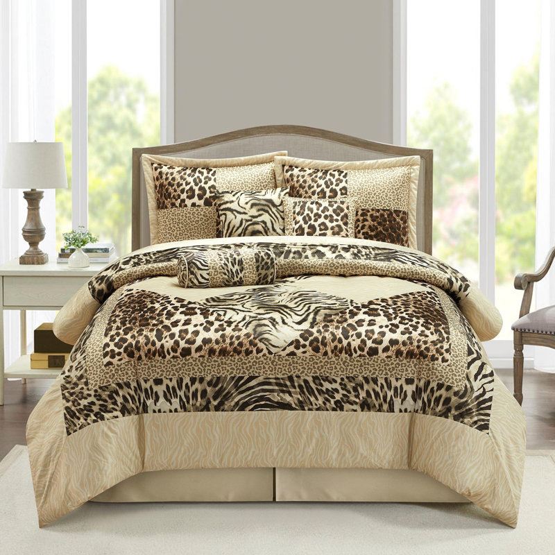 Tucson 7 Piece Leopard Print Comforter Set, California King Comforter + 6 Additional Pieces, Gold/Dark Brown/Black