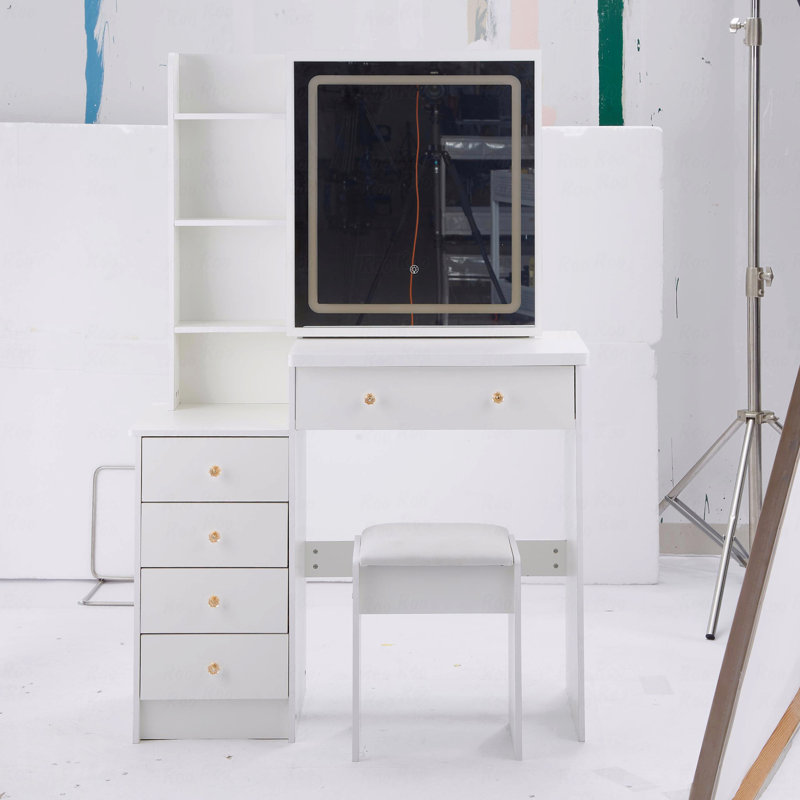 Meuble-lavabo de 37 po avec tabouret de taille moyenne 37 po + tabouret rembourré, grande commande tactile, interrupteur tricolore, miroir à luminosité réglable, rangement grande capacité, convient aux espaces moyens