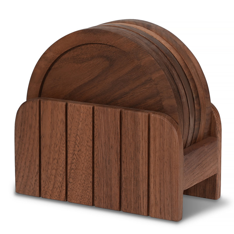 Walnut 4-3/4" Hardwood Coaster Set with Holder