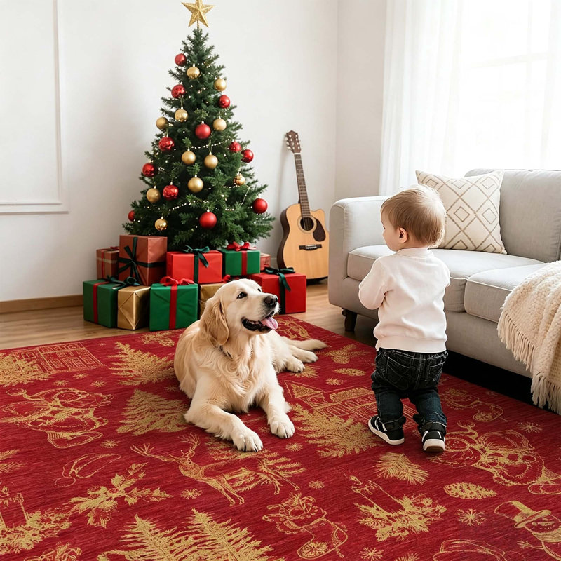 Washable Area Rug, Red gold, 140*200cm