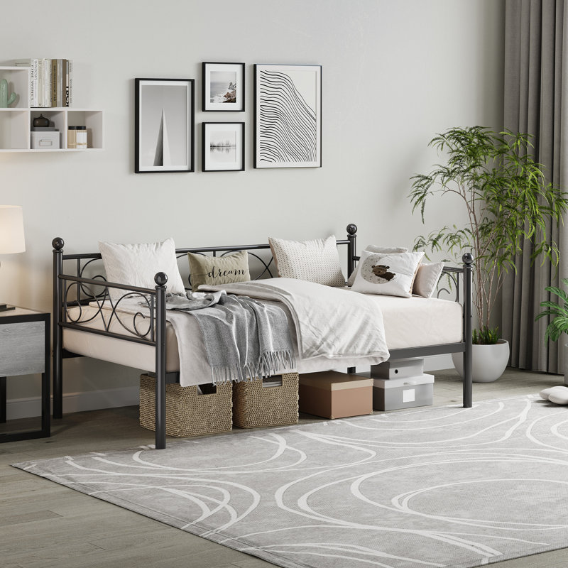 Structure de lit de jour simple en métal avec tête de lit décorative, canapé-lit simple avec support à lattes, aucun sommier nécessaire
