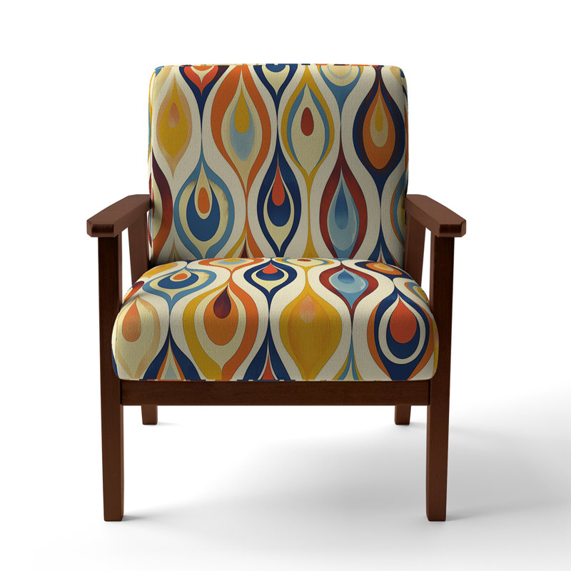 Retro Abstract Drops XI - Velvet Upholstered Midcentury Arm Chair, Midcentury Accent Chair, Yellow/Blue Polyester