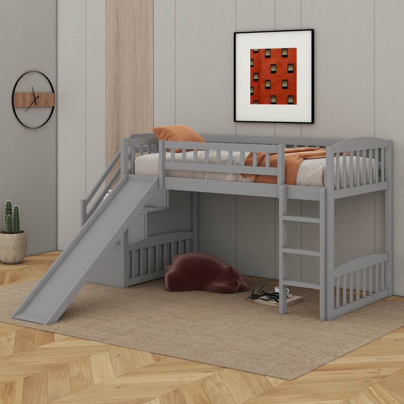 Lit mezzanine simple avec glissière Stairway, Gris