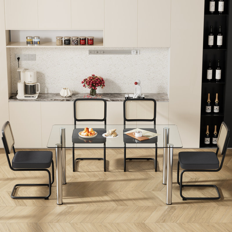 63in Rectangle Glass Top Dining Set with Chairs, Black, 5