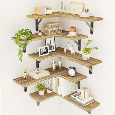 Corner Floating Shelves Set Of 5, Rustic Wood Wall Mounted Corner Shelf For Bathroom, Kitchen, Bedroom, Home Decor, Laundry Room, Living Room(carbonized Black)