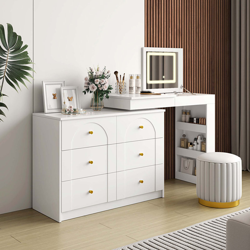 Makeup Vanity with Lighted Mirror, Flip-Top Tabletop, 7 Drawers,9 Compartments, for Bedroom, White