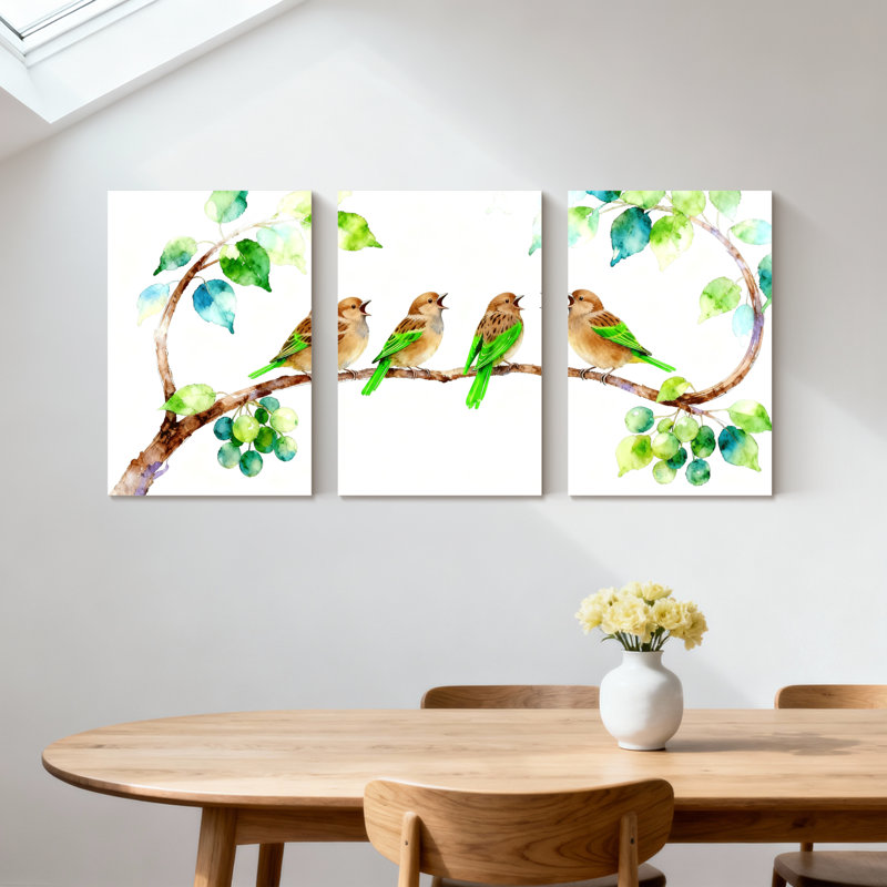 Oiseaux sur une branche avec des feuilles et des baies, ensemble de 3 impressions sur toile, H 24 po x l 48 po