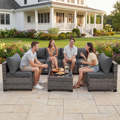 Ensemble de conversation de patio surdimensionné 7 pièces avec coussins épais et table basse en verre trempé pour jardin, terrasse, bord de piscine, coussins bleus