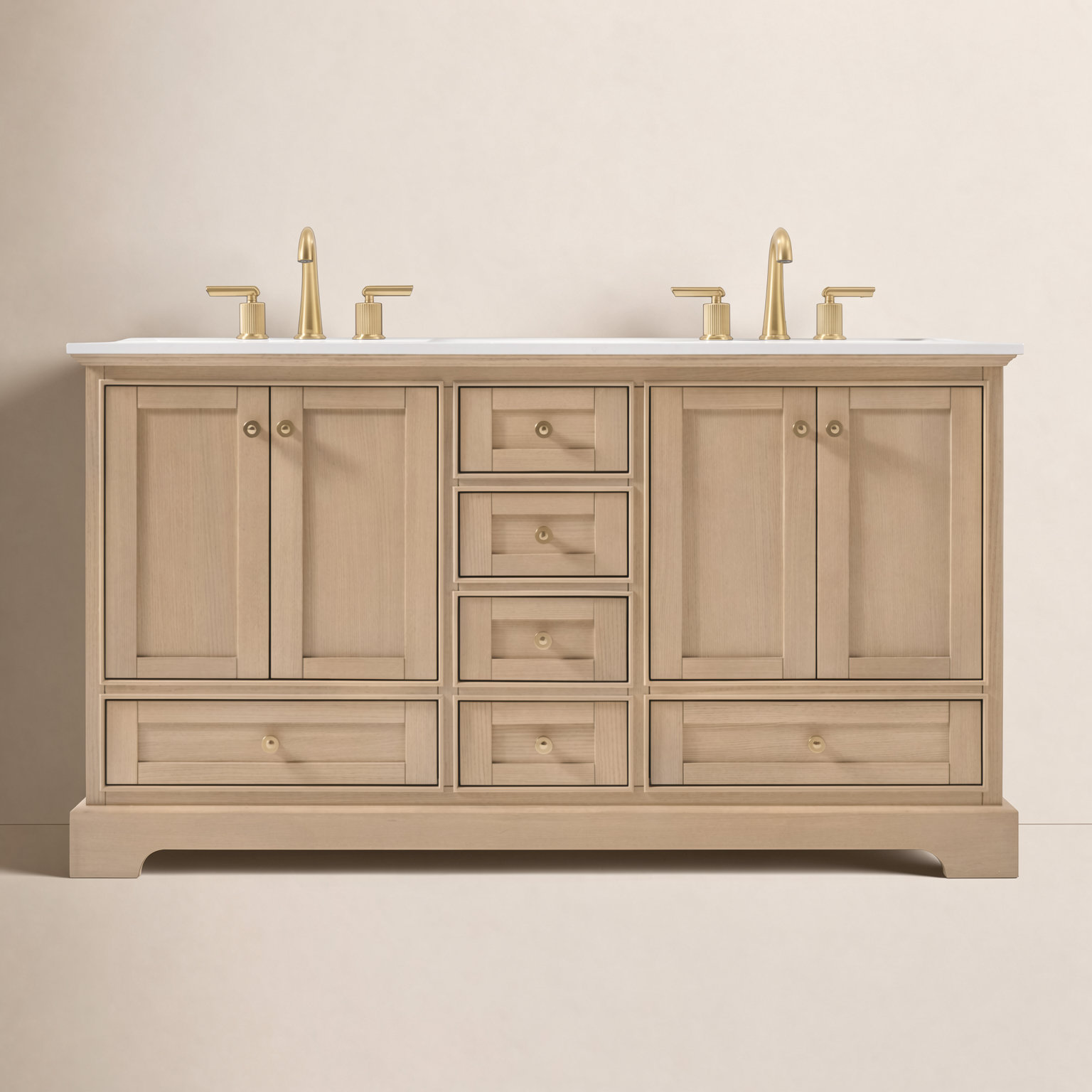 Varna 60'' Double Bathroom Vanity, Oak/Rose Gold, Pure White Quartz