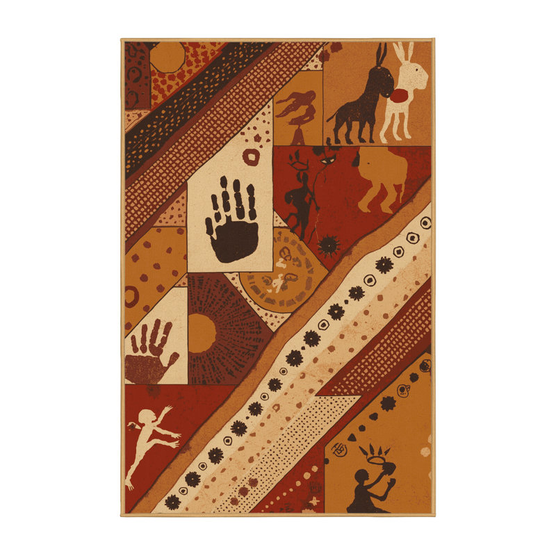 Machine Washable Orsolya Aboriginal Rock Art Global Inspired Block Print Rug in Brown – LightBrown Binding, 2x4
