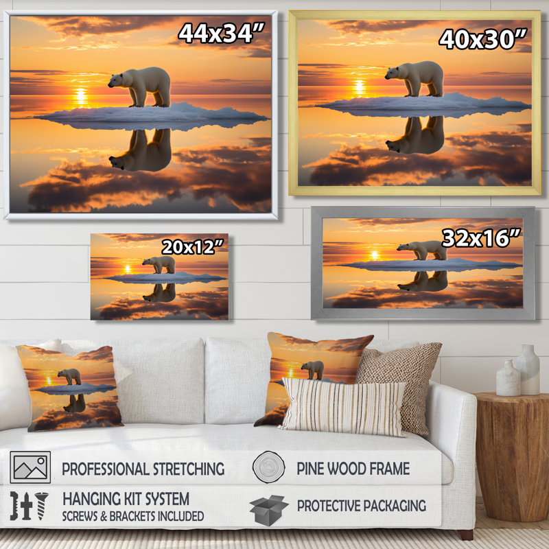 Ours polaire sur l'iceberg, coucher de soleil rose - ours, art mural, Toile tendue, H 34 po x l 44 po