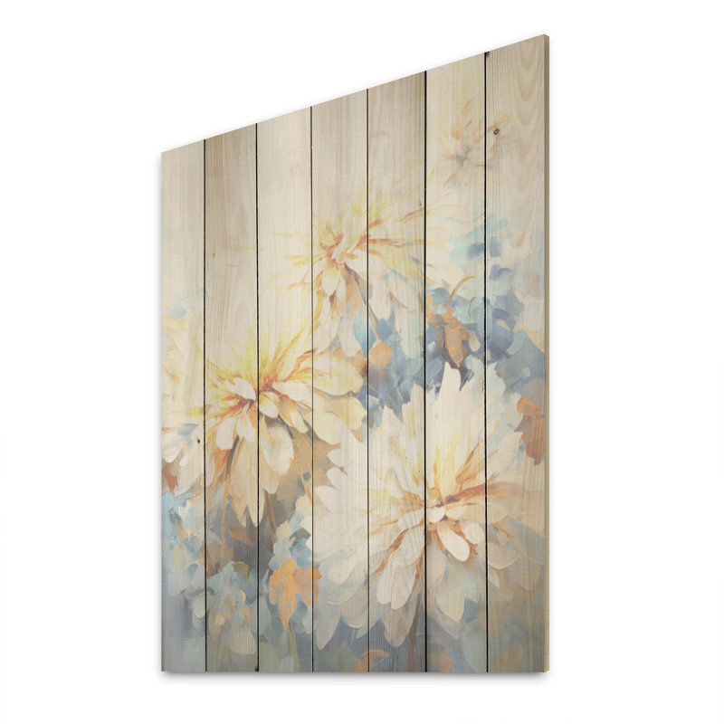 «Simplicity Mums Bloom» en beige et bleu estompé - art sur bois de pin naturel, H 32 po x l 24 po