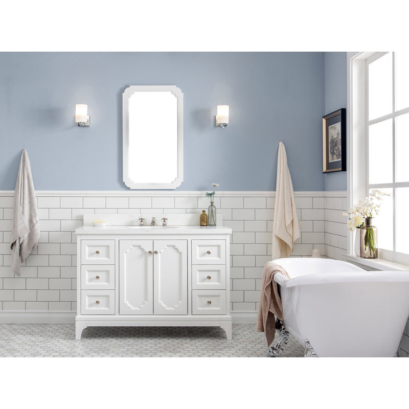 Queen 48" Single Bathroom Vanity Set with Mirror, Pure White, Waterfall