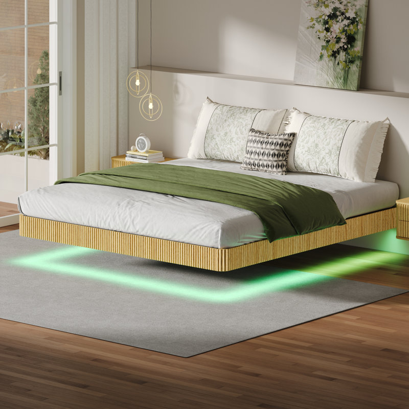 Floating Bed Frame with LED Lights, Wave Curve Wood Texture Bed with Heavy Duty Metal Slats, Oak, King
