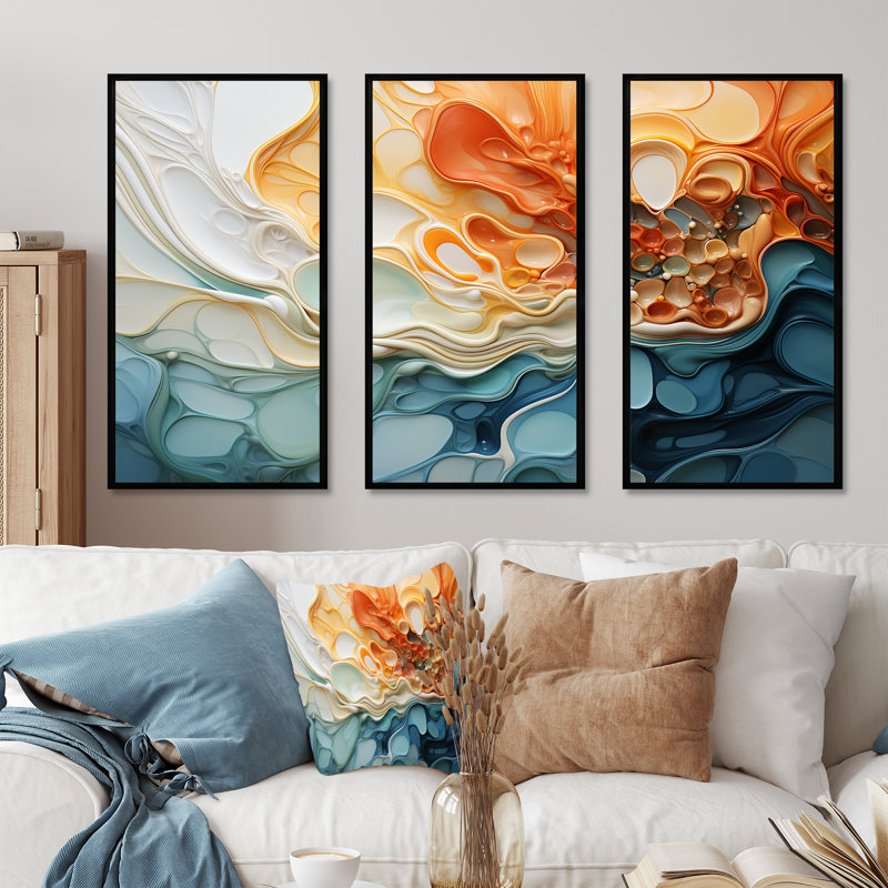 Blue And Orange Ink Cascade Fluid - Liquid Ink Abstract Wall Art, 28" H x 36" W x 1" D, Black Floater Framed