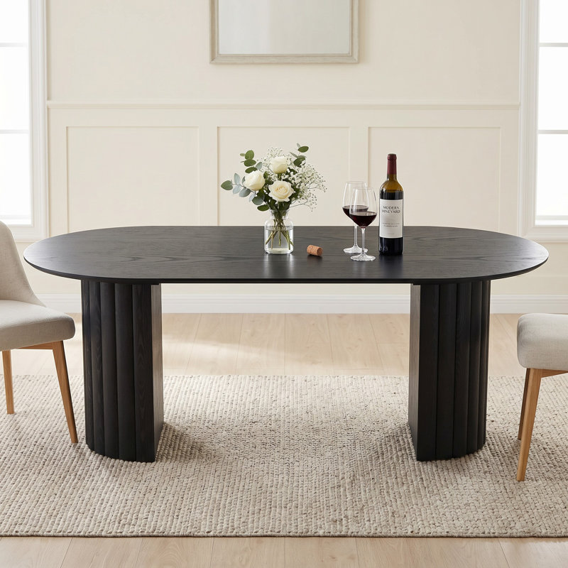 Table Ã  manger ovale moderne Ã  double pied central en bois, 79 po, avec piÃ¨tement en bois massif, pour 8 personnes, Noir