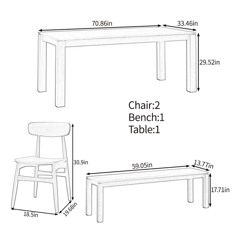 Ensemble de table en bois massif stable et élégant, H 29,52 po x L 70,86 po x l 33,46 po