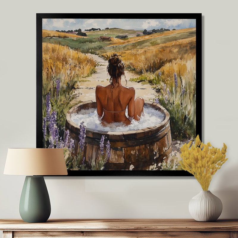 Femme dans une prairie de baignoire - art mural de salle de bain, H 30 po x l 30 po x P 1 po, Toile encadrée noire simple