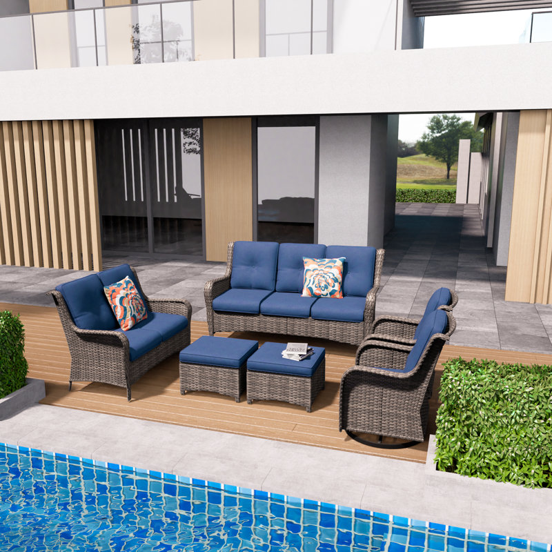 Ensemble de meubles de patio en osier 6 pièces 6 pièces, Bleu