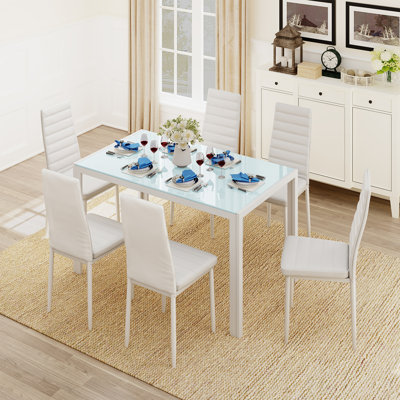 Ensemble de salle à manger 7 pièces avec table en verre et 6 chaises en similicuir