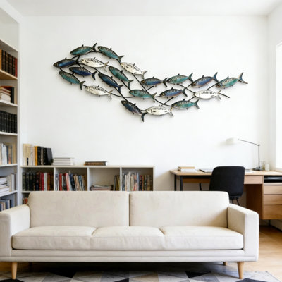 Fish Wall Decor, 59"W, Handcrafted Iron Mediterranean Coastal Nautical Art, Blue & Silver