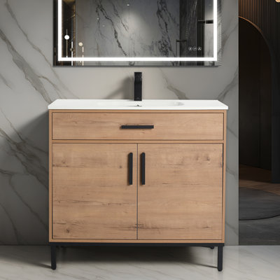 36" Freestanding Bathroom Vanity with Sink – Solid Wood Cabinet with Polymer Basin, Soft-Close Doors & Adjustable Storage for Small Bathrooms