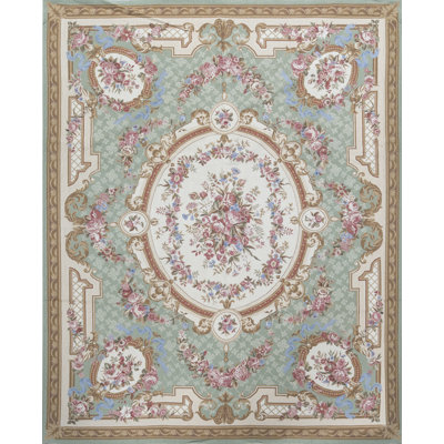 Needlepoint Hand-Knotted Wool Oriental Area Rug in Green/Beige