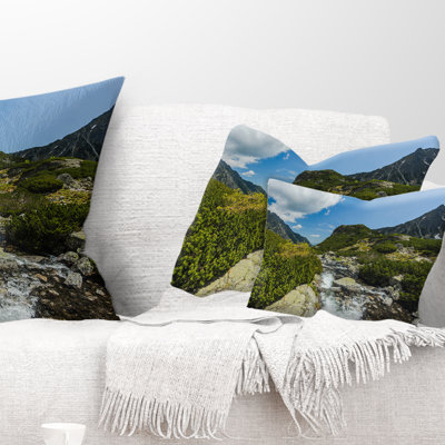 Alpine Stream in High Mountains Landscape Printed Pillow