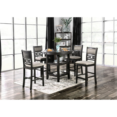 Table de salle à manger 5 comptoirs, table ronde grise avec tablettes de rangement, 4 chaises rembourrées en tissu, 2 sièges rembourrés