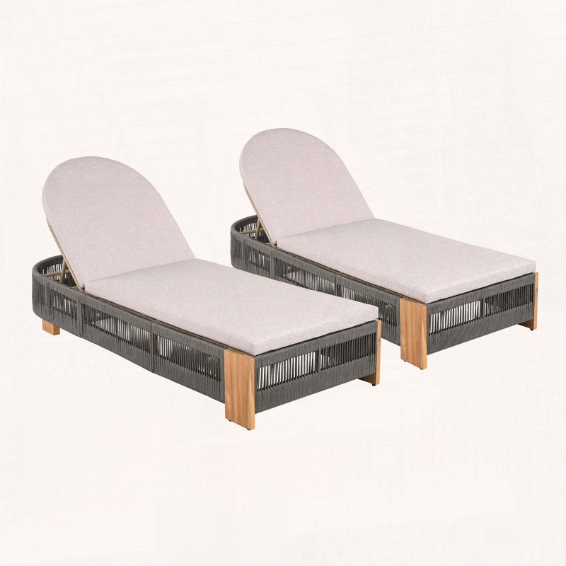 Ensemble de 2 chaises longues d'extérieur réglables en bois d'acacia avec corde grise et fer naturel (non rembourrées), Gris