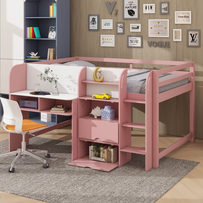 Lit mezzanine double avec bureau intégré, espaces de rangement, étagères à livres ouvertes et tableau blanc innovant, Rose