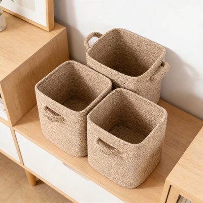 Cubes de rangement tissés avec poignées, 3 paniers de rangement pour étagères, placards, chambre de bébé et décoration intérieure, tissu en coton respirant, pliable et se reforme facilement