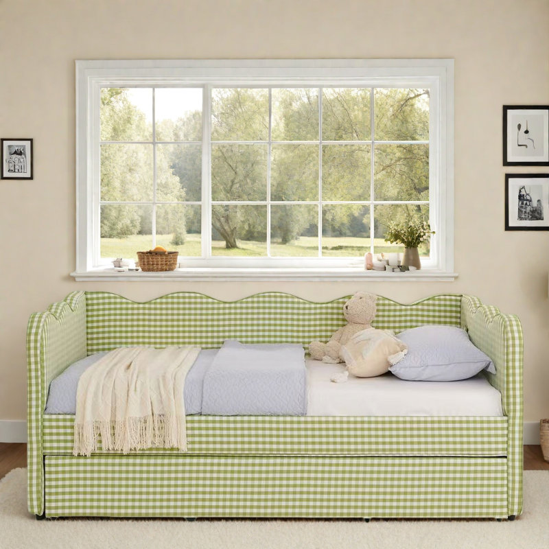 Lit de jour confortable avec couchette, port USB et adorable forme de vague, Vert