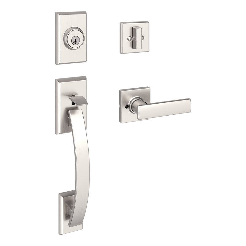 Tavaris Handleset with Deadbolt and Breton Door Lever and Breton Rosette, Satin Nickel