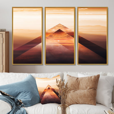 Triangulaire désert montagnes coucher de soleil - ensemble de décoration murale paysage abstrait