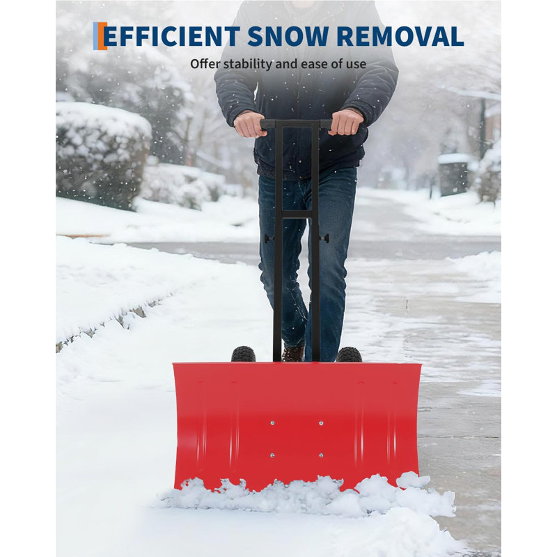 Heavy Duty Snow Shovel with Wheels,Steel Dual Handle Push Snow Pusher Shovel for Driveway Snow Removal, 5-Position Angle & Height Adjustable Handle, Sidewalk Yard Snow Plow