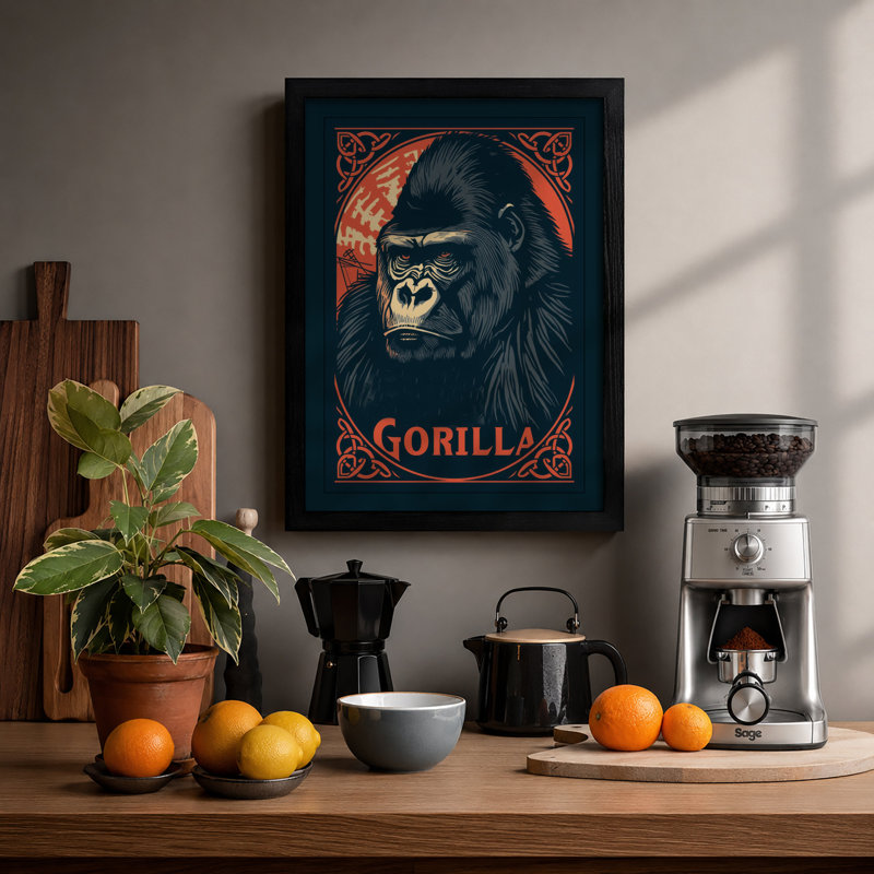 Gorilla Rising Retro - Framed Print, Black, A4 - 29.7 x 21.0 cm