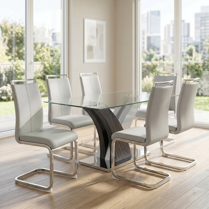 Modern 7-Piece Dining Set with Faux Leather Chairs and Rectangle Tempered Glass Table, Light Gray