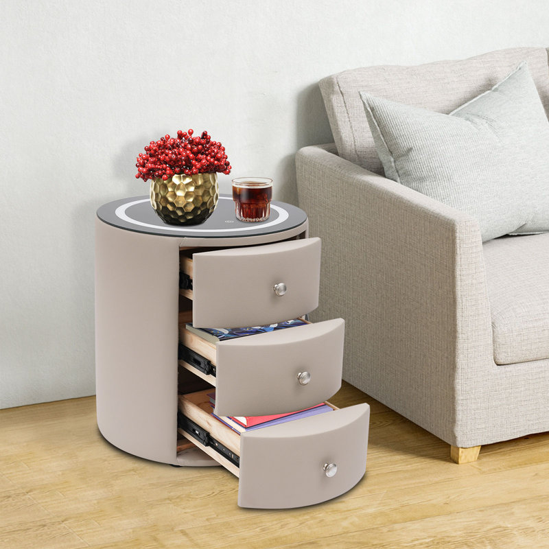 Table de chevet intelligente avec lumière DEL, plateau de chargement sans fil et rangement à 3 tiroirs pour la chambre à coucher