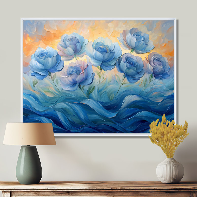 Ishaanvi, pivoines bleues en harmonie I - pivoines, art mural, H 30 po x l 40 po, Impression encadrée flottante, Blanc