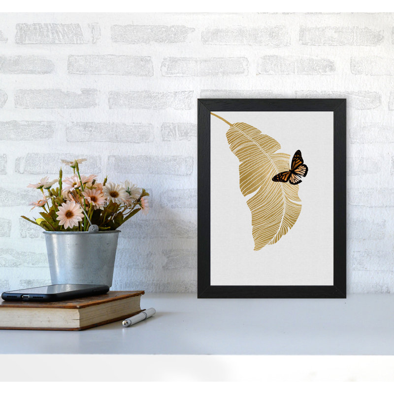 Butterfly & Palm Leaf - Print, 30 cm H x 21 cm W x 5 cm D, Black Grain Frame